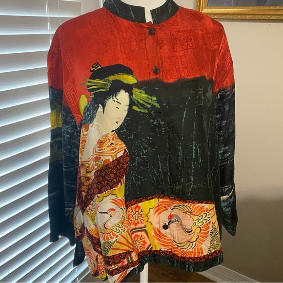 VTG Chico's Design Silk Blouse Size 1 Asian Geisha Print Red Black Multicolor - Picture 1 of 11